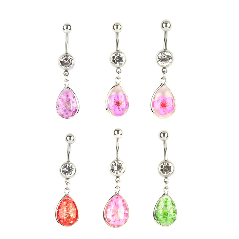

Love Heart Belly Button Rings Bar Surgical Sexy Body Jewelry For Women Crystal glass dried flower pendant Navel Piercing
