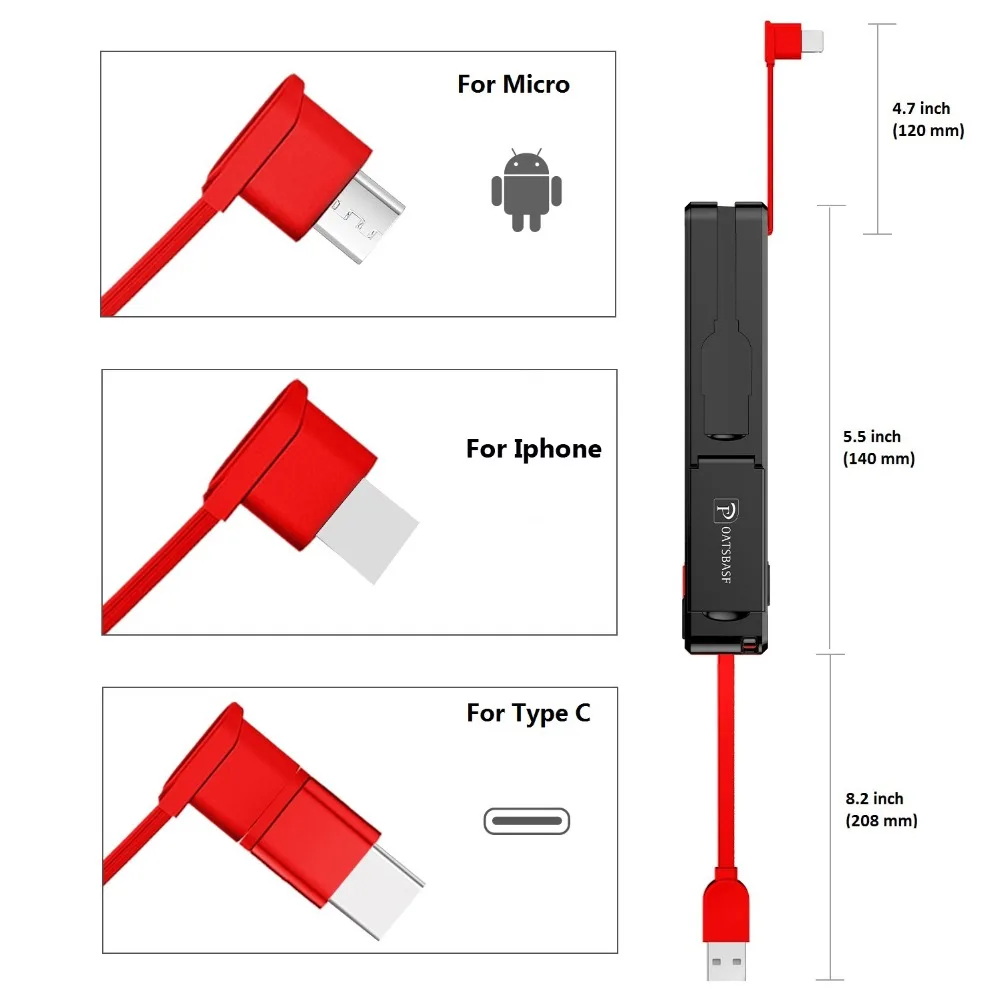 Оригинальный кабель Micro USB Oatsbasf 3 в 1 Type C 8 контактный для iPhone X 7 6 скрытая usb передачи
