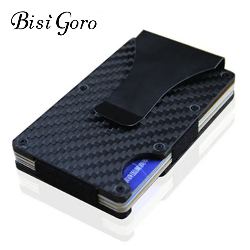 

Металлический RFID-кошелек BISI GORO 2021, мини-зажим для денег, брендовый 2019 Модный черный серебристый держатель для кредитных карт из углеродного ...