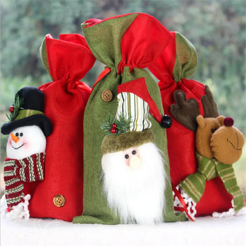 Drawstring Christmas Bags Santa Sack New Year Xmas Gift Cotton linen Bag Bottle Cover Decoration Dinner Party Accessorices | Дом и сад