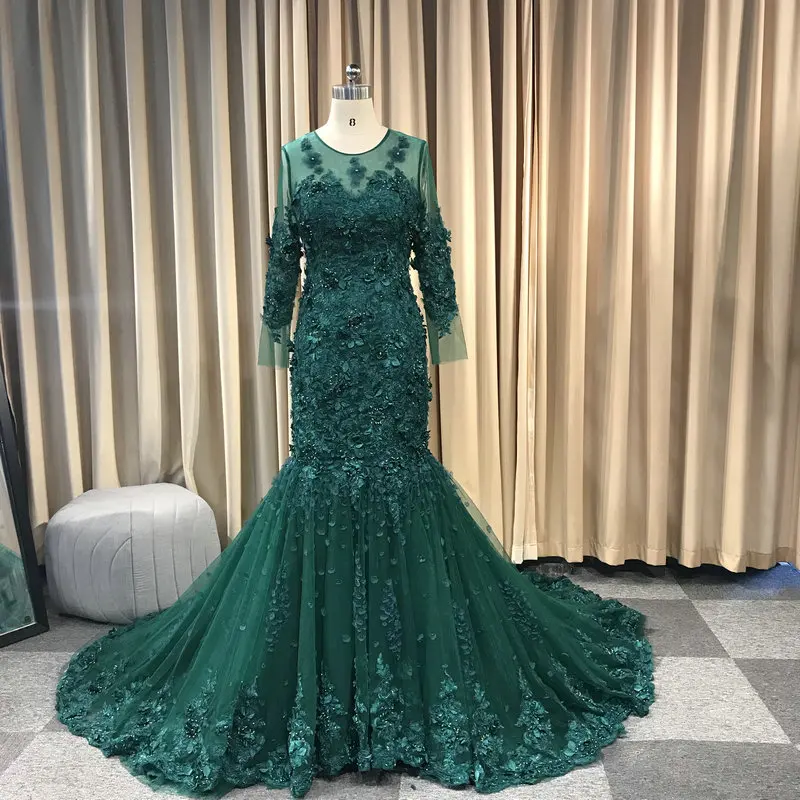 same green Leeymon русалка с длинными рукавами кружева тюль вечернее платье длинный поезд элегантный роскошный вечернее платье 3D цветы Vestido De Fiesta - Цвет: same green