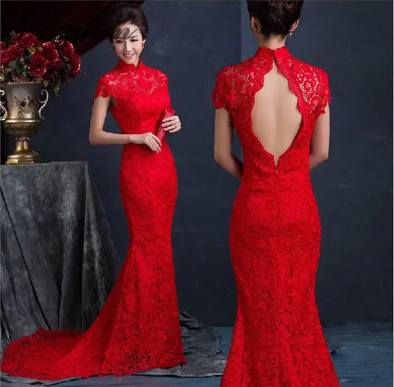 Красное Кружевное сексуальное платье с открытой спиной Cheongsam, длинное свадебное платье для невесты, китайское вечернее платье, женское свадебное платье Qipao, Современные вечерние платья, Халат
