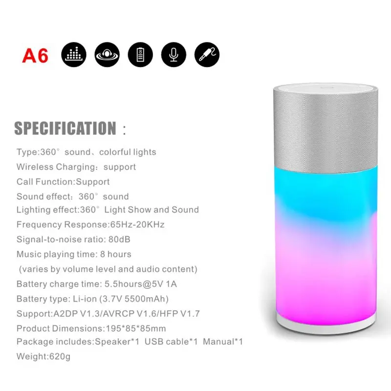 Twinbuys A6 Портативный Bluetooth Lightshow музыка Динамик Красочные 360 Hi Fi стерео IPX5