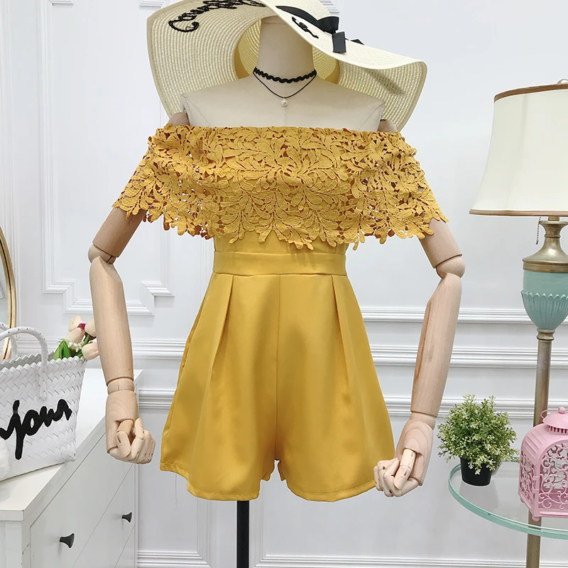 Летние женские кружевные открытые комбинезоны с горизонтальной горловиной 2018