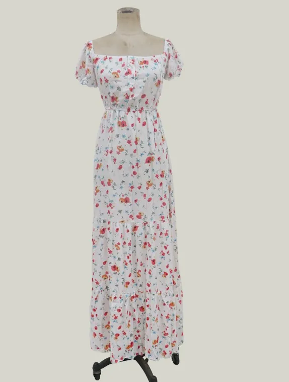 Lessverge с открытыми плечами цветочный принт плюс размер Белое Платье макси рюшами и