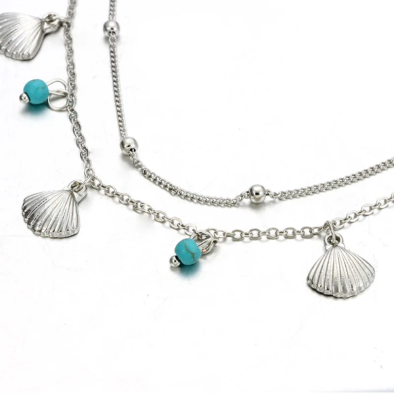 Women's Silver Anklet Shell Feet Blue Beads Summer Beach Barefoot Bracelet Ankle Adjustable Bohemian Accessories | Украшения и