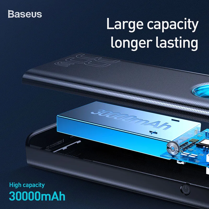 Baseus, 30000 мА/ч, зарядное устройство USB C PD3.0, быстрая зарядка, 3,0, 30000 мА/ч, портативное Внешнее зарядное устройство для Xiaomi Mi