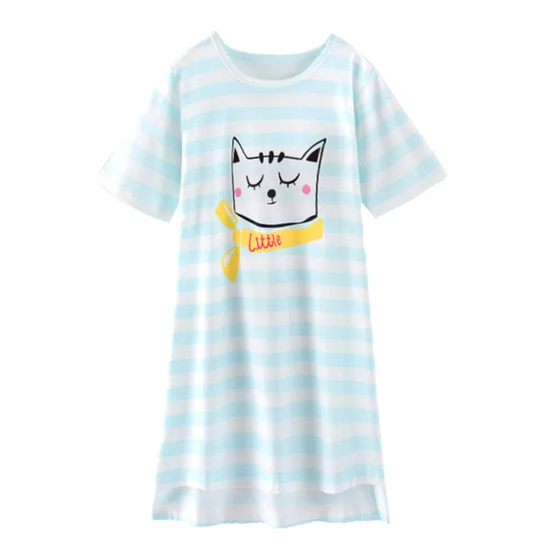 Blue Cat Хлопковые ночные рубашки для девочек; летняя детская одежда; детская ночная рубашка; домашняя одежда для маленьких девочек; пижамы; платье; Ночные сорочки в полоску с героями мультфильмов - Цвет: Blue Cat