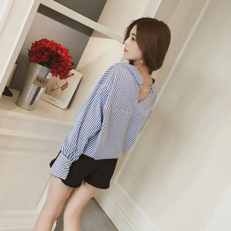 

Female Cotton Shirt Women V-neck Sweet Long-sleeved Loose Striped Casual Tie Blouse