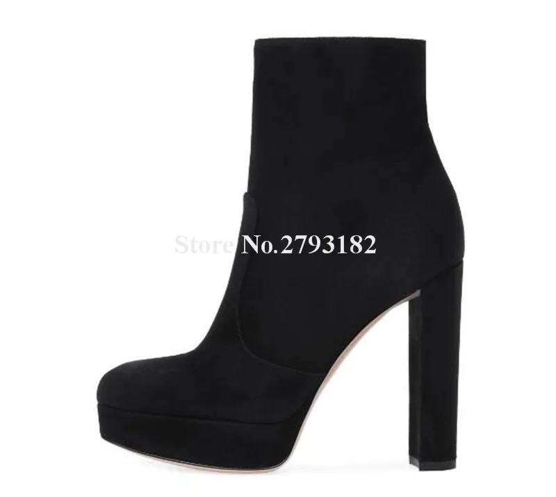 Brand Fashion Round Toe Suede Leather High Platform Chunky Heel Short Boots Side Zipper-up Grey Black Thick Ankle Boot | Обувь