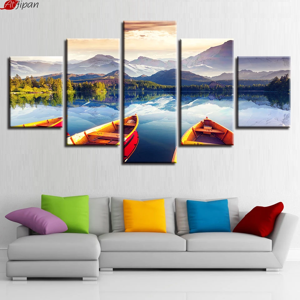 Canvas Wall Art Pictures Living Room Decor HD Printed 5 Pieces Mountain Lake And Boat Paintings Natural Landscape Poster Frame | Дом и сад
