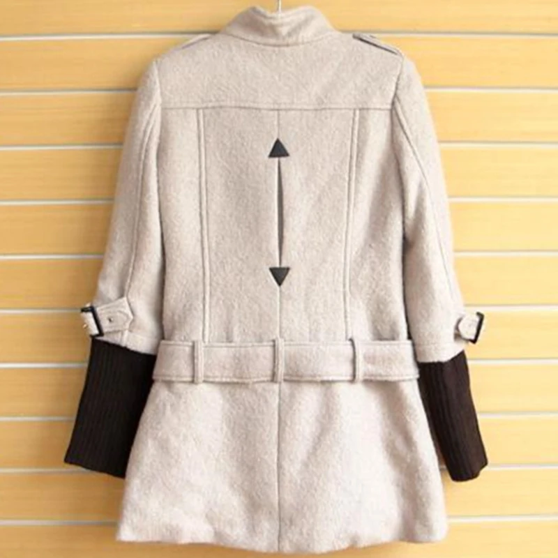 Шить теплая Кнопка регулируемый пояс Тонкий шерстяной пальто 2017 Зима плюс