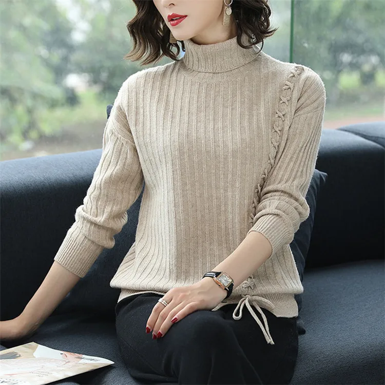 pure wool turtleneck knit women fashion cross lace up pullover sweater solid color S-M retail wholesale | Женская одежда