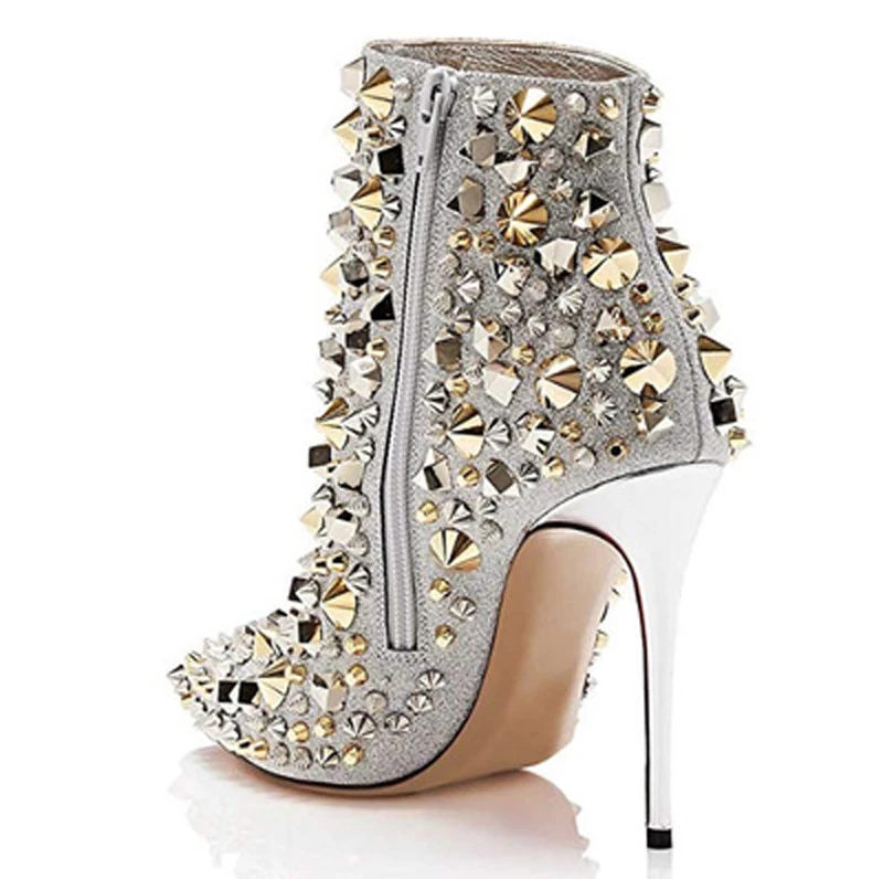 

Spring Ladies Sequins Silver Gold Full Metal Rivets Studs Ankle Boots Pointed Toe Female Footbridge Bling High Heel Boots Women