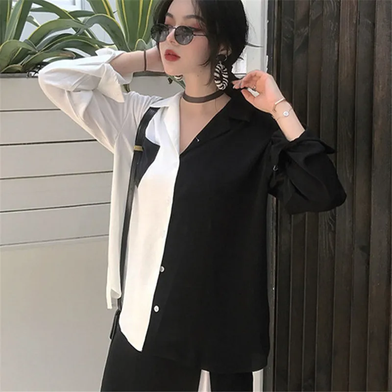 black blusas 74820 Woherb, корейский стиль, лето, Харадзюку, женские топы, контрастные блузки, черный, белый цвет, Лоскутная рубашка, элегантный женский топ, шикарные Блузы 74820 - Цвет: black blusas 74820