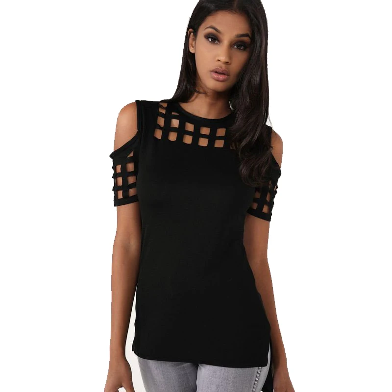 2018 летние Для женщин пикантные однотонные футболка S Мода с плеча выдалбливают