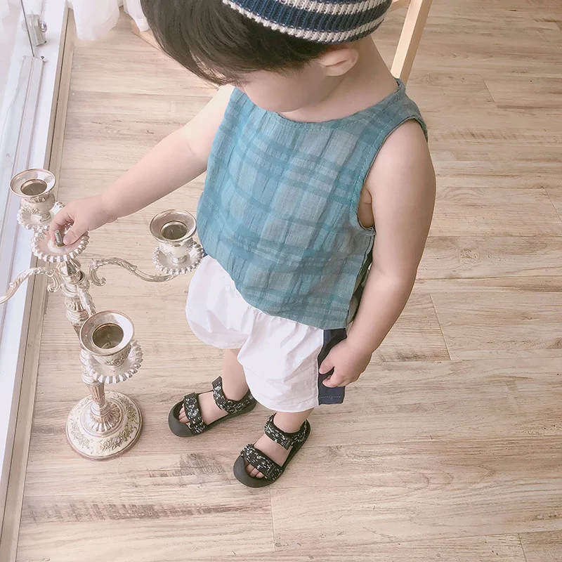 Футболки для девочек 2018 летние детские хлопок без рукавов в клеточку Детская