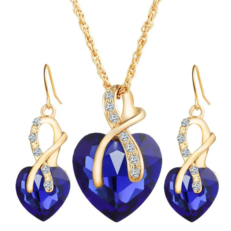 Austrial Crystal Heart Pendant Necklace Earrings Jewellery Set Gold Jewelry Sets For Women Bridal Wedding 2016 Set001 | Украшения и