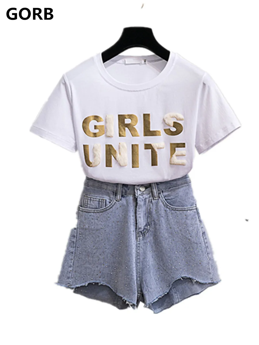 Высококачественная женская футболка с буквенным принтом топы + короткие джинсы комплекты из 2 предметов 2019