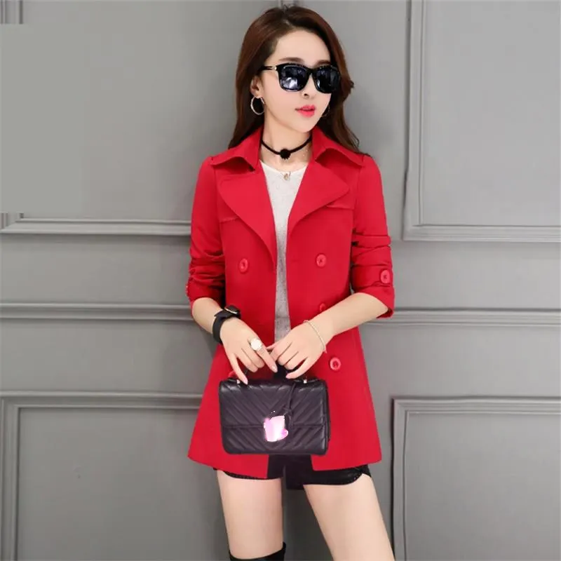 Корейский длинный плащ Женское пальто осень женский красный черный двубортный