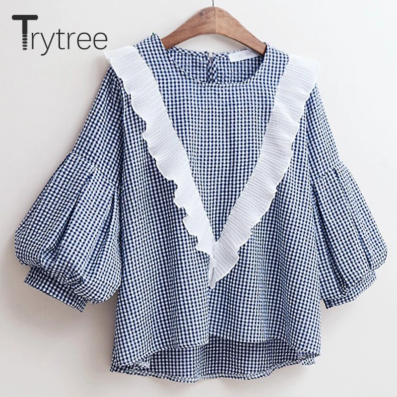 Trytree лето осень женская блузка повседневная клетчатая рубашка с рукавом три