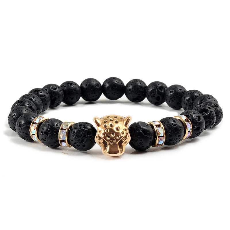 

Natural Stone Men Bracelet Charm Matte Black Lava Beads Leopard Head Crystal Strand Bracelets Women Lucky Bangles Male Jewelry