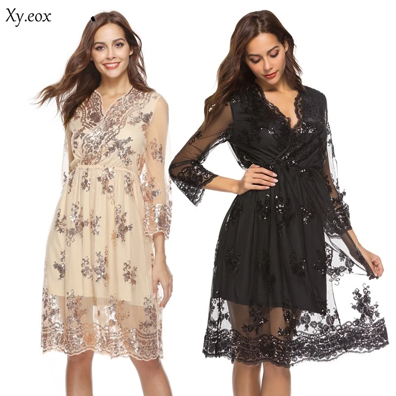 Вечерние платья с V образным вырезом и длинным рукавом блестками женское