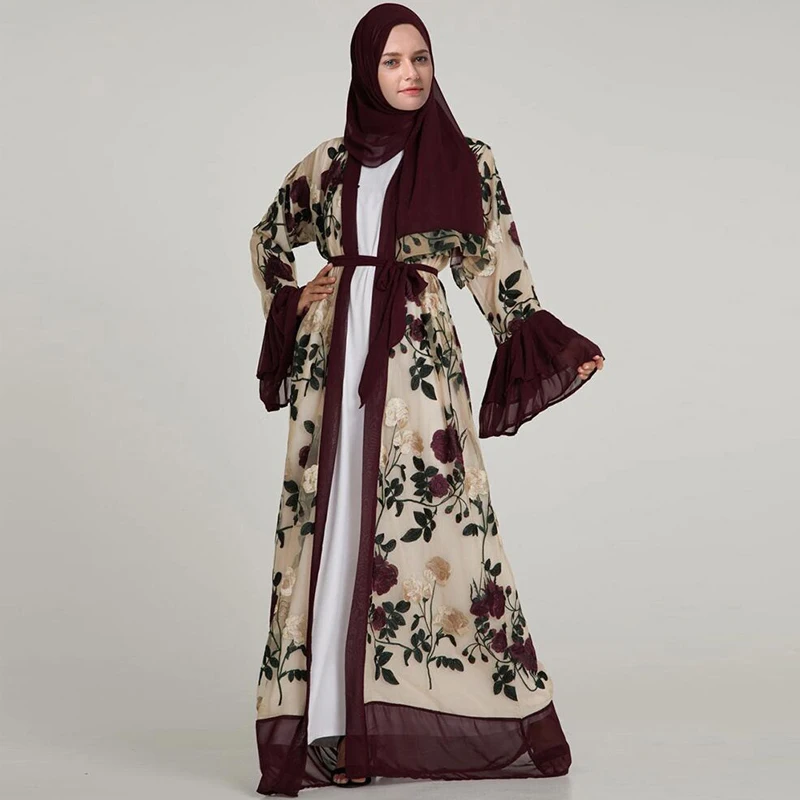 Plus Size Women Kimonos Mujer Vetement Femme Long Abaya Chifffon Embroidery Floral Kimono Cardigan Roupa Feminina Clothing