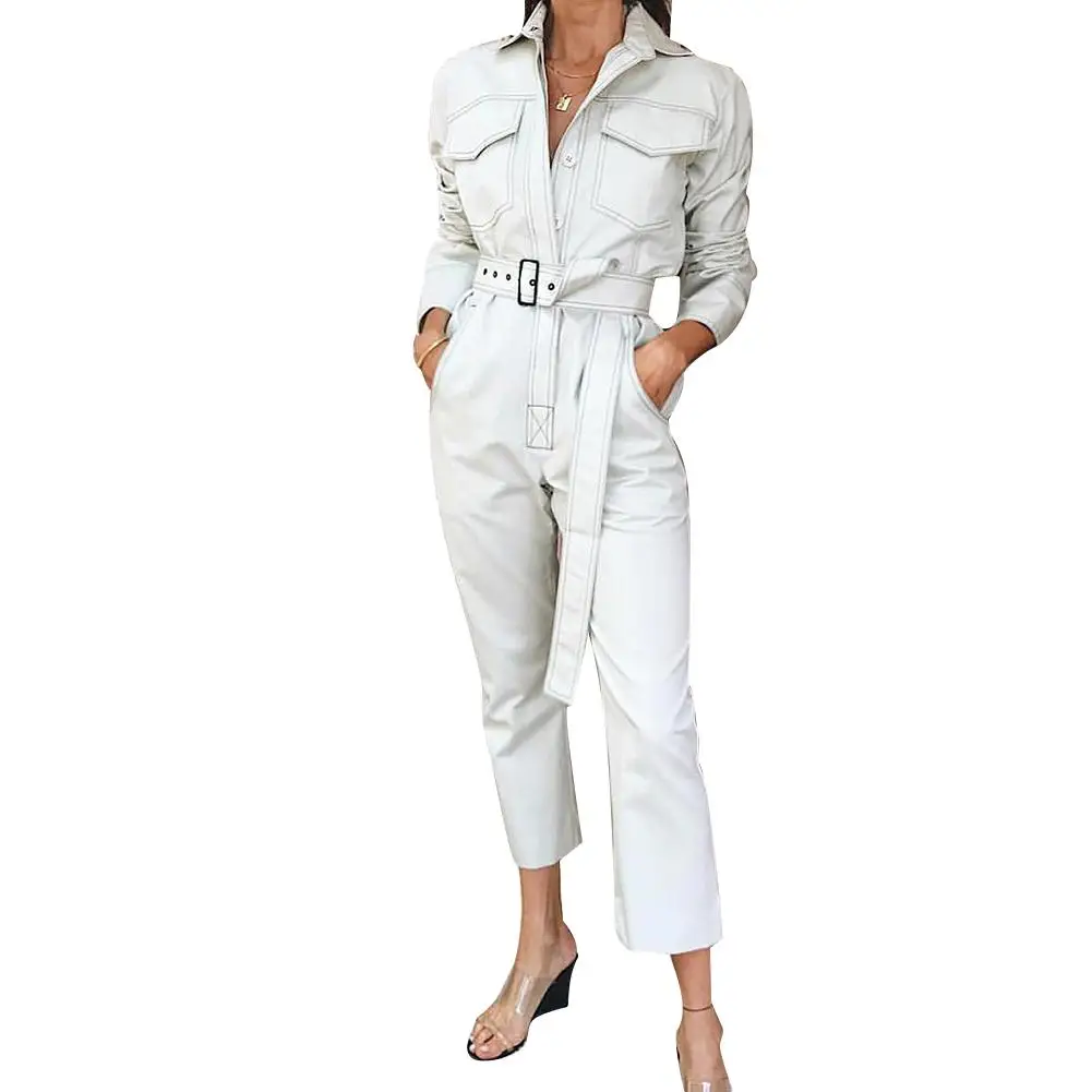 Женский сплошной цвет отложной воротник Подпоясанный с длинным рукавом