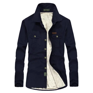 Мужская повседневная Однотонная рубашка, зимняя плотная теплая рубашка из шерсти и флиса с длинными рукавами, пальто в стиле милитари, размера плюс 5XL, 6XL