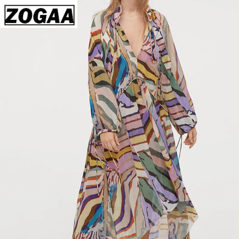 ZOGAA женское платье до середины икры с принтом сексуальное пляжное v образным