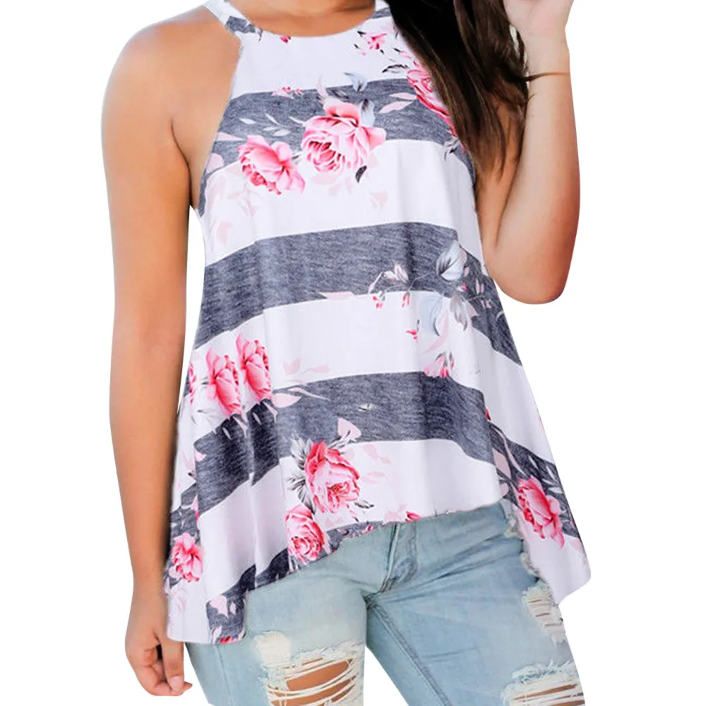 

Woman Tank Top Camisol Summer Sleeveless Print Floral Striped Vest Top O-Neck Beach Loose Tank Blouse
