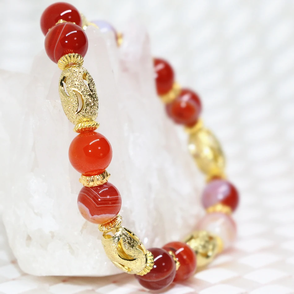 Factory outlet gold-color beads natural red veins agat carnelian onyx bracelet round stone 8mm elegant jewelry 7.5inchB2090 | Украшения и