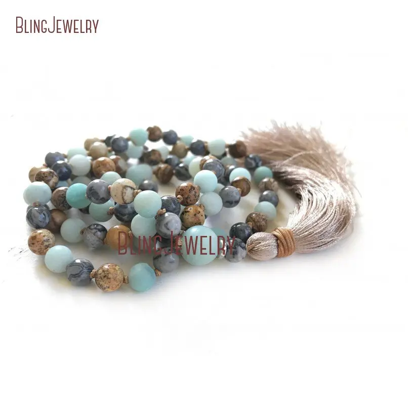 Картина Jaspers Amazonite 108 Mala Ручная работа ожерелье бисер медитация с шелковой