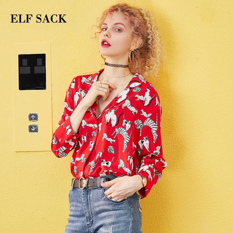 ELF SACK 2019 Summer New Woman Oversized Chiffon Shirts Knitted Floral Vintage Women Blouse Turn-down Collar Ladies Tops |