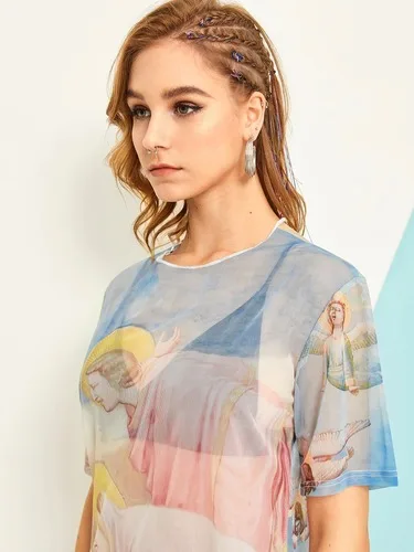 Женское Сетчатое платье с коротким рукавом винтажное принтом ангела 2019 | Женская