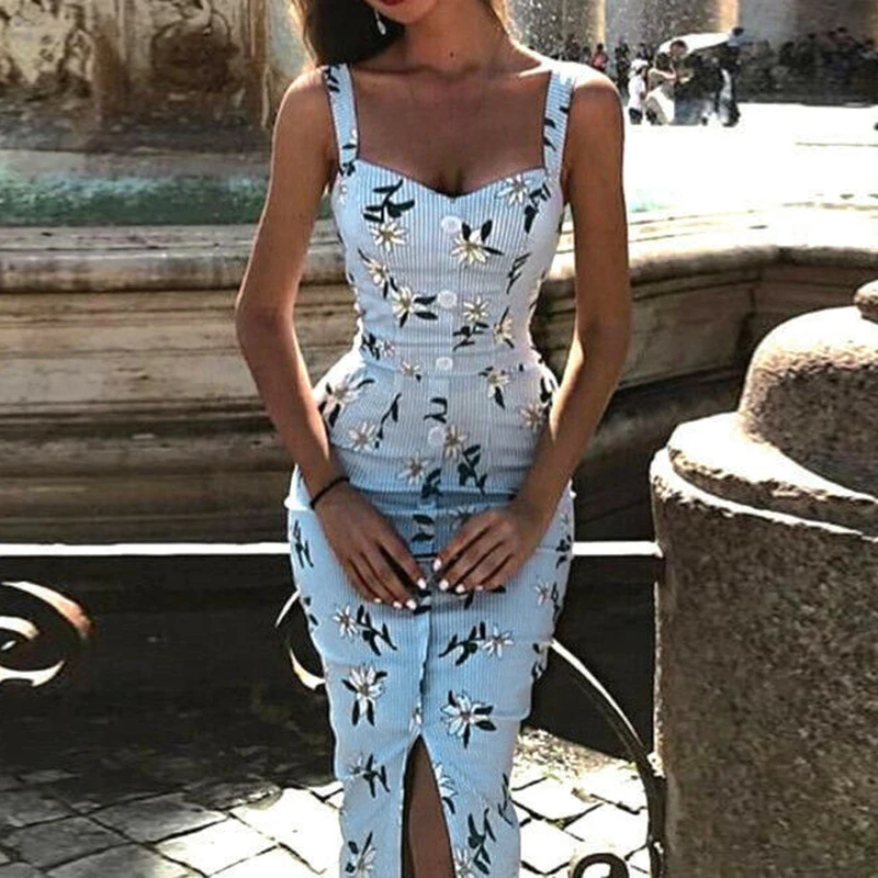 Летнее платье на бретельках в стиле бохо ретро с разрезом пуговицах цветочным