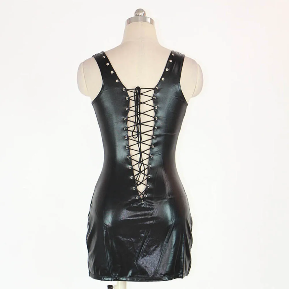 Bodycon Leather Dresses Strapless Latex Club Wear Sexy Sleeveless Lace Up Square Collar Mini Dress Vestidos Clubwear W7035B | Женская