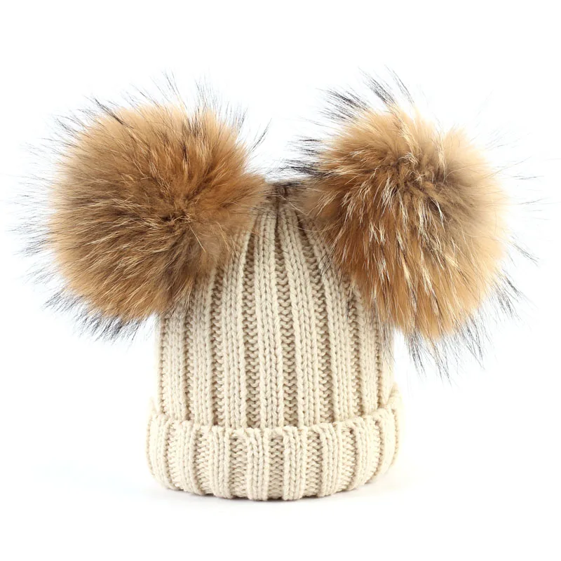 Beige Hat A Geebro 2 предмета набор для детей вязаная шапка и шарф с двойным реального помпонами для мальчиков и девочек громоздкая шапочка Шапки с меховые помпоны - Цвет: Beige Hat A