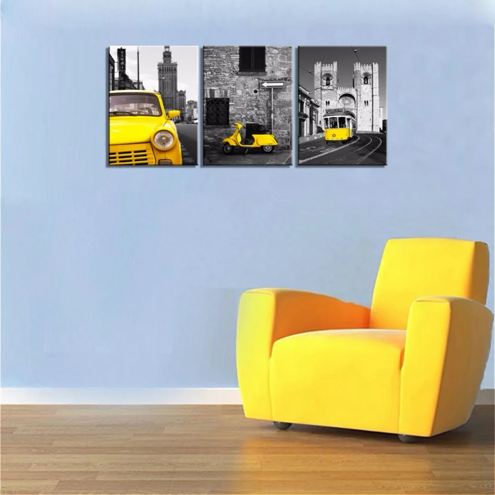 Черно желтый город Wall Art такси двигатель трамвай фото печать на холсте искусство