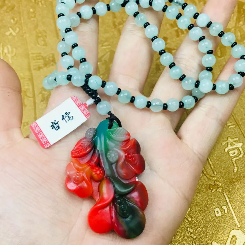 Send A-level national certificate Natural colorful jade carving multi-color magnolia pendant Three-color bead chain | Украшения и