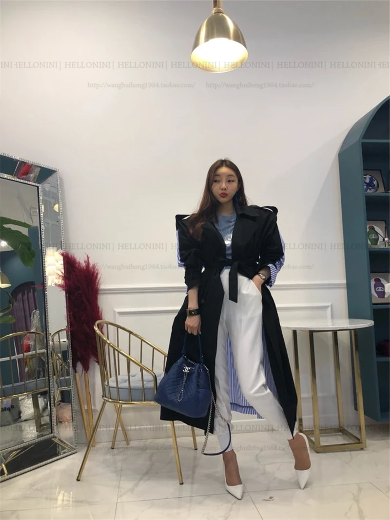 Best Selling Vintage Stripe print Patchwork loose overcoats beautiful pocket design cozy winter trench