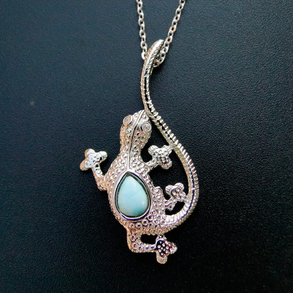 

Novelty Long tail gecko pendant Larimar Charm Children Kids Birthday Jewelry Gift 925 Sterling Silver Natural Larimar Locket