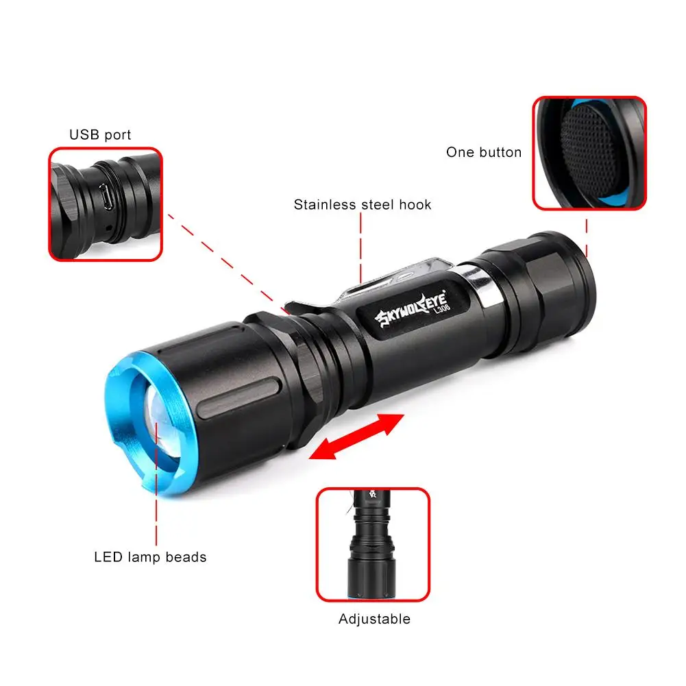 Skywolfeye светодиодный фонарик водонепроницаемый 2000LM T6 лампа телескопическая USB