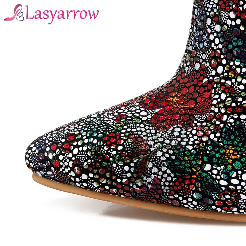 

Lasyarrow Sexy Slim Mid-calf Boots Women's Black Red Printing Floral Stiletto Boots High Heel Botas Feminina Large Size 48 Q252