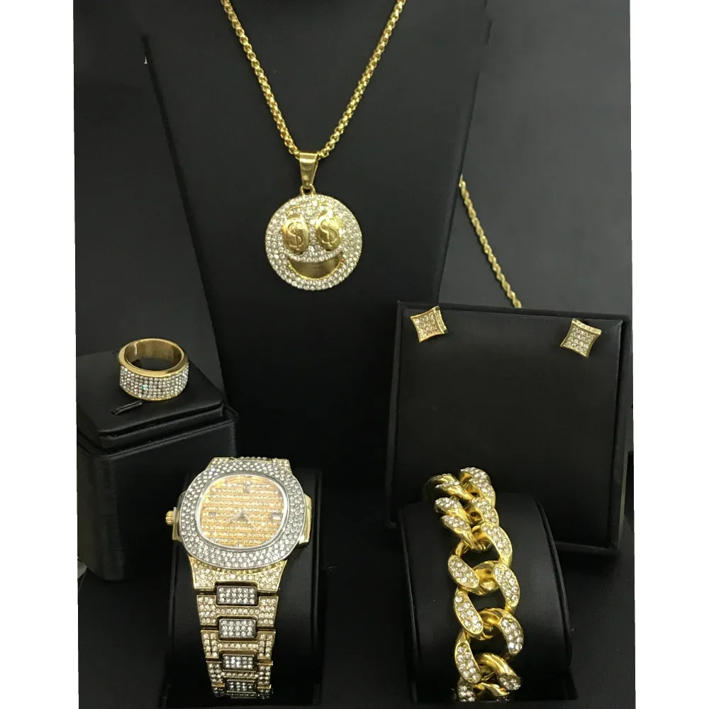 Luxury Men Watch Hip Hop &amp Necklace Bracelet Earrings Ring Combo Smiley Face Pendant Ice Out Cuban Jewelry For | Украшения и