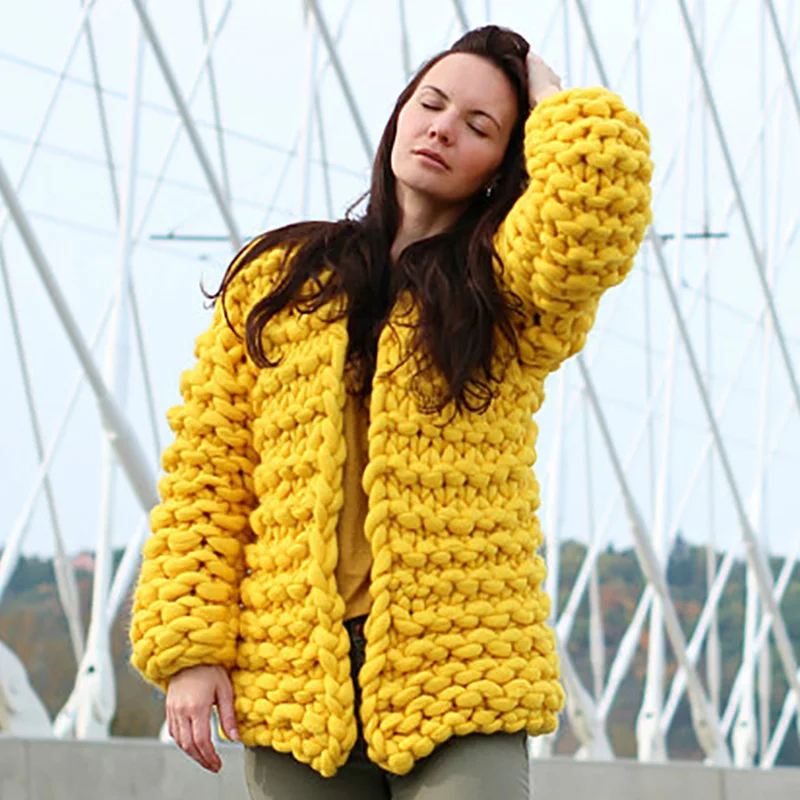 Женский кардиган ручной работы однотонный плотный свитер пальто женский зимний