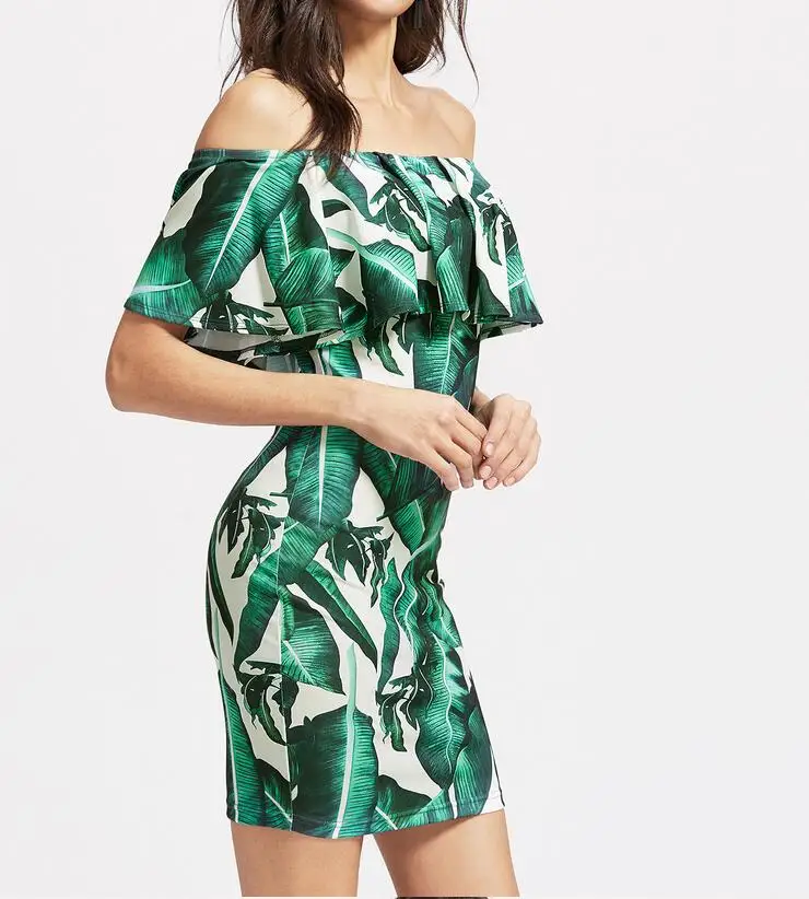 Женское винтажное платье с открытыми плечами зеленое принтом листьев вырезом