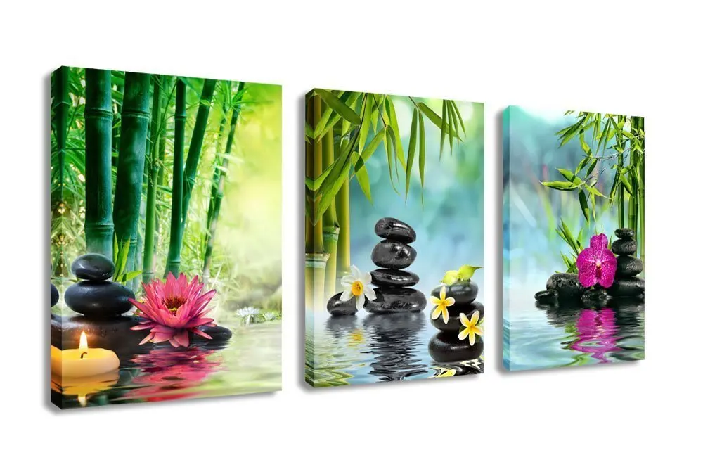 

3 Panels Modern Zen Canvas Painting Wall Art Decor SPA Stone Green Bamboo Waterlily Pictures Prints Giclee Art for Home Office