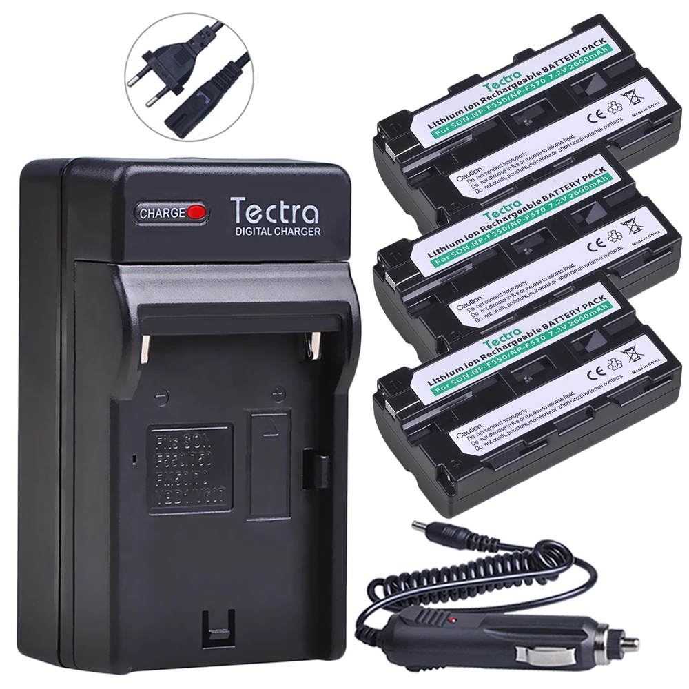 Tectra 3 шт. 2600 мАч NP-F550 NP-F570 Аккумулятор для Sony CCD-SC55 CCD-TRV81 CCD-TRV90 NPF570 NP F550 аккумулятор + Цифровое зарядное устройство + штепсельная вилка европейского стандарта